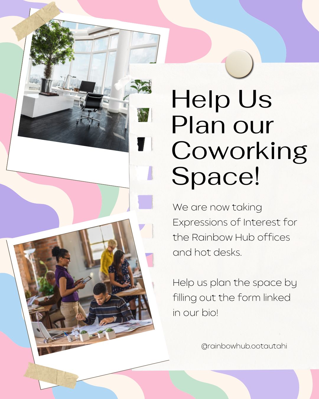 Collage-style image with two photos of different offices on a colorful background and text that reads 