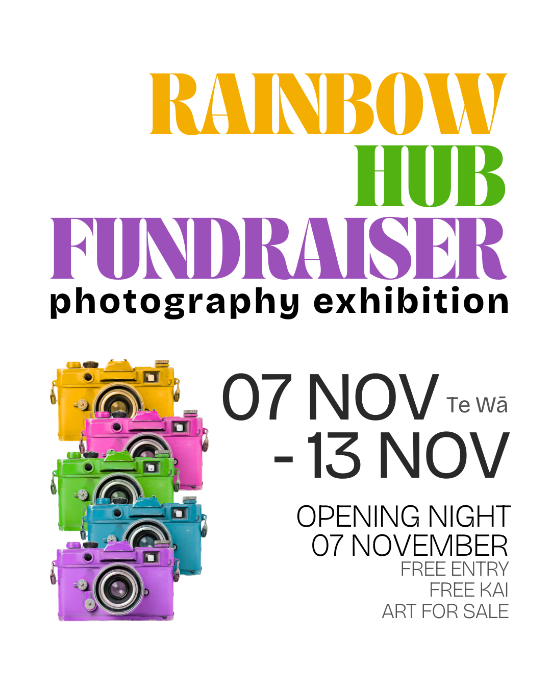 Flyer for Rainbow Hub Fundraiser photography exhibition with event details and cameras in bright colors.