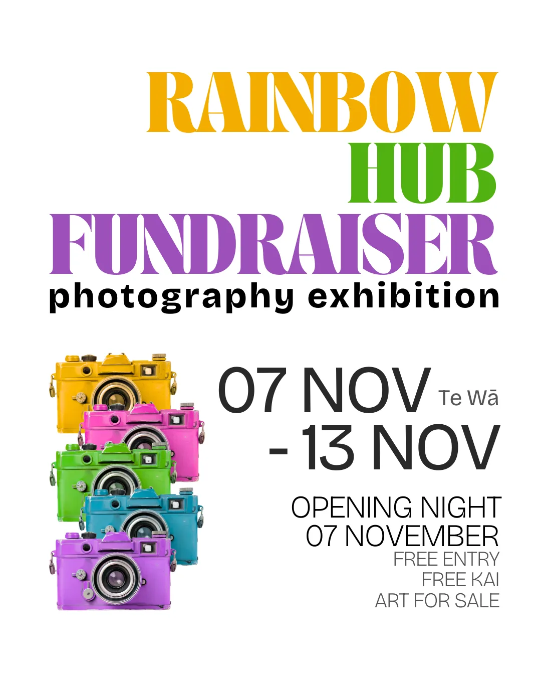 Flyer for Rainbow Hub Fundraiser photography exhibition with event details and cameras in bright colors.